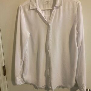 White long sleeve cotton blouse with fringed bottom